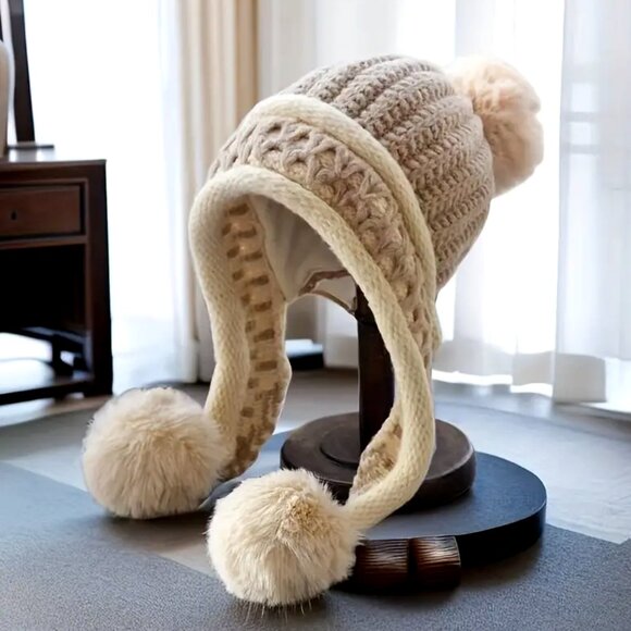 Beige Pompom Cable Knit Peruvian • Beanie - Picture 2 of 5